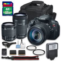 Canon EOS T5i Rebel Camera Bundle with Canon EF-S 18-55mm f/3.5-5.6 IS STM Lens + Canon EF-S 55-250mm f/4-5.6 IS STM Lens + 32 GB Memory Card + Camera Case + Flash - International Version
