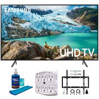 Samsung 75" RU7100 LED Smart 4K UHD TV 2019 Model (UN75RU7100FXZA) with Flat Wall Mount Kit Ultimate Bundle for 45-90 inch TVs, Screen Cleaner for LED TVs & SurgePro 6-Outlet Surge Adapter