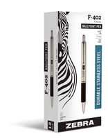 Zebra Pen 29210 Zebra F-402 Ballpoint Stainless Steel Retractable Pen, Fine Point, 0.7mm, Black Ink, 12-Count