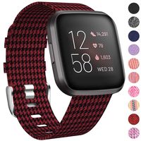 NANW Bands Compatible with Fitbit Versa, Versa Lite Edition Bands Small Large, Woven Fabric Accessories Strap Wristband Replacement Women Men (Black/Red, Large (6.9"-8.9"))