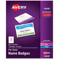 Avery Pin Style Name Badges, Print or Write, 2-1/4" x 3-1/2",  Pins Securely, 100 Inserts & Pin Badge Holders (74549), White