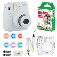Fujifilm Instax Mini 9 Instant Camera (Smokey White) + 10 Fuji Instant Film Sheets + Convenient Instax Clear Case W/ Rainbow Strap + 6-Color Lenses & More
