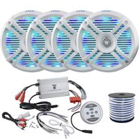4 x Pyle 6.5" Audio 250W Marine Grade Multicolor LED 2-Way White Stereo Speakers, Pyle Waterproof 1200 Watt Bluetooth 4-Channel Boat Yacht Amplifier System, Enrock Speaker Wire