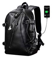 Black PU Leather 15.6 Inch Laptop Computer College Bookbag Men Business Backpack Daypack with USB Charging Port