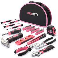 REXBETI 52-Piece Pink Tool Kit, Ladies Premium Solid and Real Hand Tool Set with Easy Carrying Round Pouch, Perfect for Household Projects, Home Maintenance and Dorm Repair