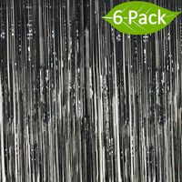 Deruicc 6 Pack Black Foil Curtains 3ft x 8ft Tinsel Fringe Curtains Shimmer Curtain for Birthday Wedding Party Christmas Photo Booth Backdrop Decorations (Black, 6)