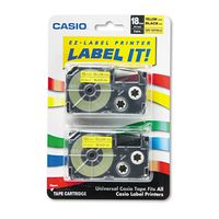 Casio XR18YW2S Tape Cassettes for KL Label Makers, 18mm x 26ft, Black on Yellow, 2/Pack