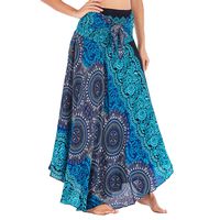 miqiqism Women Bohemian Maxi Skirt Summer Floral Printed Gypsy Hippie Elastic Waist A-Line Beach Swing Skirts Cover ups (Blue, Free)