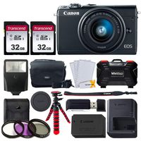 Canon EOS M100 Mirrorless Digital Camera + EF-M 15-45mm f/3.5-6.3 is STM Lens + 2X 32GB Memory Card + 12" Flexible Tripod + 49mm Filter Kit + Vivitar Memory Card Hardcase + Camera Bag + Slave Flash