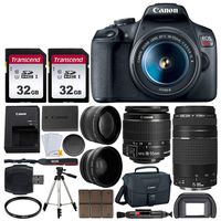 Canon EOS Rebel T7 Digital SLR Camera + EF-S 18-55mm f 3.5-5.6 is II Lens + EF 75-300mm f/4-5.6 III Lens + EOS Shoulder Bag + 32GB Memory Card + 58mm Wide Angle & Telephoto Lens + Tripod + UV Filter