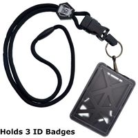 Specialist ID Vertical Top Load Three Card Badge Holder - Hard Plastic with Heavy Duty Breakaway Lanyard w Quick Release Metal Clip & Key Ring (One Holder / 3 Cards Inside) (Black)