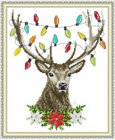 Cross Stitch Stamped Kits 11CT 14X16 inch Holiday Gift Pre-Printed Cross-Stitching Starter Patterns for Beginner Kids or Adults, Embroidery Needlepoint Kits Christmas Deer