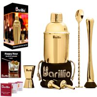 Gold Cocktail Shaker Set Bartender Kit by BARILLIO: 24 oz Stainless Steel Martini Mixer, Muddler, Mixing Spoon, jigger, 2 liquor pourers, Velvet Bag, Recipes Booklet & eBook