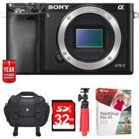 Sony Alpha a6000 24.3MP Interchangeable Lens Camera ILCE6000/B-(Body) w/32GB Deluxe Bundle Includes, Carrying Case, 12 Spider Tripod, 32GB Card, Paint Shop Pro X9 & 1 Year Extended Warranty