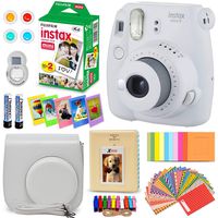 FujiFilm Instax Mini 9 Instant Camera SMOKEY WHITE + Fuji INSTAX Film (20 Sheets) + Custom Camera Case + Instax Album + 60 Colorful Stickers + 20 EMOJI stickers + Fun Frames + 4 Colored Filters + MORE