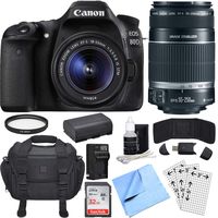 Canon EOS 80D CMOS DSLR Camera w/ EF-S 18-55mm + 55-250mm Telephoto Lens 32GB Bundle includes Camera, Lenses, Bag, 32GB SDHC Memory Card, Battery, Charger, 58mm Filter, Beach Camera Cloth + More