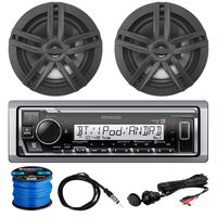 Kenwood KMR-M325BT Digital Media Marine Single-DIN Bluetooth Receiver, 2 x Enrock 6.5" Water-Resistant 180W Speakers (Black), AUX Interface Mount, 40" Radio Antenna, Speaker Wire