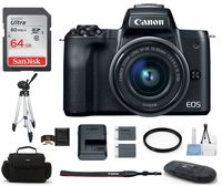 Canon EOS M50 Mirrorless Digital Camera with 15-45mm Lens -Black (USA Warranty) Bundle, Includes: 64GB SDXC Class 10 Memory Card + Full Size Tripod + Spare Battery + More