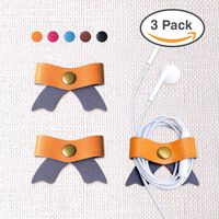 SenseAGE 3pcs Cord Organizer Earbud Holders Earphone Wrap USB Cable Clips, Earphone Winder with Leather - Bow Khaki