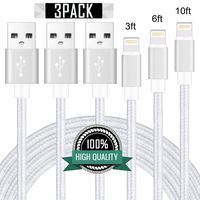 LOND MFi Certified Phone Charger 3Pack 3FT 6FT 10FT Extra Long Nylon Braided USB Charging & Syncing Cord Compatible iPhone Xs/Max/XR/X/8/8Plus/7/7Plus/6S/6S - Plus/SE/iPad/Nan - Silver