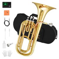 Eastar Student Bb Baritone Horn Marching Gold Lacquer B Flat with Tuner Hard Case Baritone Mouthpiece Gloves Valve Oil Baritone Cleaning Kit, EBT-380
