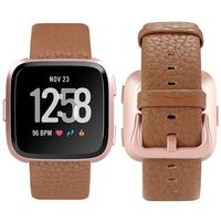 iHillon Leather Bands Compatible with Fitbit Versa/Versa 2/Versa Lite/SE, Soft Genuine Leather Classic Replacement Straps Wristbands for Women Men, Dark Brown+Rose Gold Buckle
