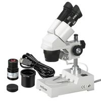 AmScope SE303-PX-E Digital Binocular Stereo Microscope, WF5x and WF10x Eyepieces, 5X/10X/15X/30X Magnification, 1X and 3X Objectives, Tungsten Lighting, Reversible Black/White Stage Plate, Pillar Stand, 110V, Includes 0.3MP Camera and Software