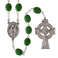 Oval Shamrock Irish Beads Rosary w/St. Patrick Center and Celtic Cross Gift Boxed