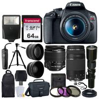 Canon EOS Rebel T7 Digital SLR Camera + EF-S 18-55mm f/3.5-5.6 is II + EF 75-300mm f/4-5.6 III Lens + Telephoto 500mm f/8.0 T-Mount Lens (Long) + 64GB Memory Card + Canon EOS Bag + Backpack + Tripod