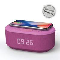 Bedside Radio Alarm Clock with USB Charger, Bluetooth Speaker, QI Wireless Charging, Dual Alarm & Dimmable LED Display (Purple)