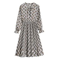 Sunhusing Ladies Bowknot Lace-Up Round Neck Long Sleeve Small Floral Print Stretch Waist Pleated Hem Dress(1 Gray,M)