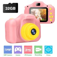 Kids Camera, Ufinetec Digital Photo & Video Toy Camera Gift for Boys and Girls Aged 4-12 Years Old, 2.0inch IPS HD Screen Shock-Proof Mini Toddler Camcorder with 32GB SD Card Included (Pink)