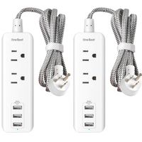 2 Pack Power Strip with USB, 2 Outlets and 3 USB Ports(3.1A) Travel Power Strip, Desktop Charging Station with 5 ft Braided Extension Cord, Flat Plug for Cruise Ship, Home and Office, White