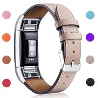 Hotodeal Replacement Leather Band Compatible for Charge 2, Classic Genuine Leather Wristband Metal Connector Watch Bands, Fitness Strap Women Men Small Large (Beige- Silver Buckle)