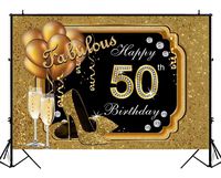 BackdropsOnline Black and Gold Happy 50th Birthday Backdrop Sparkle Golden Balloon High Heels Champagne Diamond Fabulous 50 Party Background 7x5ft Photo Studio Booth Vinyl Cake Table Banner