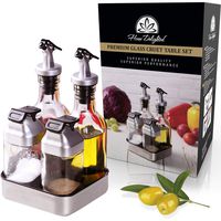 Premium Oil and Vinegar Dispenser Set with Salt Pepper Shakers in Stand - 6oz Drip Free Covered Spout Oil Dispenser Set - 3oz No Leak Lids Shakers - Small Oil Vinegar Set - Bonus Refill Funnel - S/S