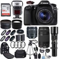 Canon EOS 80D DSLR Camera + Canon EF-S 18-55mm + Canon EF 75-300mm Lens & Telephoto 500mm f/8.0 + 0.43 Wide Angle Lens + 2.2 Telephoto Lens + Macro Filter Kit + 64GB Memory Card + Accessory Bundle
