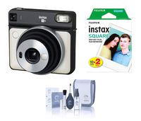 Fujifilm Instax Square SQ6 - Instant Film Camera - Pearl White, Bundle Instax Square Instant Film, Twin Pack, White Frame (20 Exposures) + ProOPTIC Cleaning Kit