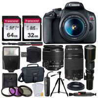 Canon EOS Rebel T7 DSLR Camera + EF-S 18-55mm f/3.5-5.6 is II + EF 75-300mm f/4-5.6 III Lens + Telephoto 500mm f/8.0 T- Mount Lens (Long) + 64GB & 32GB Memory Card + Canon EOS Bag + Slave Flash + More