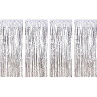 Anasu 4 Pack Foil Fringe Curtains Photo Backdrop, Shiny Metallic Tinsel Party Door Curtain Photo Booth Props Birthday Wedding Bridal Baby Shower Party Decorations (Silver, 4 Pack)