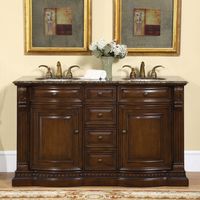 Silkroad Exclusive HYP-0712-BB-UIC-60 Granite Ivory Stone Top Double Sink Bathroom Vanity with Cabinet, 60", Medium Wood