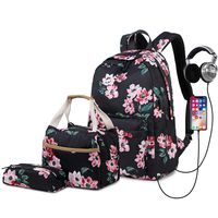 Delapuy Canvas Waterproof Backpack for College Girls Women USB Charging Port Fits 14" Laptop Backpack Daypack School Bookbag (Flower2-Black)