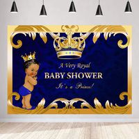 Baby Shower Backdrop Party Decorations Royal Prince Black Boy 7x5ft Vinyl Background for Photography Gold Crown Blue Background Photo Booth Props