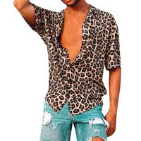 YOMXL Men Vintage Leopard Print Shirt Summer Beach Tee Lapel Collar Short Sleeve V-Neck Button Tops Brown