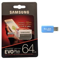 Samsung 64GB MicroSDXC EVO Plus Memory Card w/Adapter (MB-MC64GA/AM) Bundle with Micro SD Card Reader (Blue) by Ensales