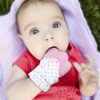 Baby Teething Mittens Self Soothing Pain Relief Mitt, Stimulating Teether Toy, Prevent Scratches Protection Glove with Travel Bag, Stay on Baby's Hand, Unisex for 0-6 Months Baby (2 Mittens - Pink)
