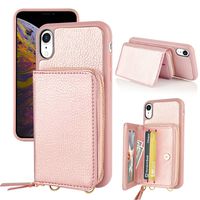 LAMEEKU Zipper Wallet Case for iPhone XR, Credit Card Slots Case with Crossbody Chain Wrist Strap Leather Card Holder Case, Protective Bumper Cover for iPhone XR 6.1'' - Rose Gold