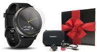 Garmin vivomove HR Sport (Black - Large) Hybrid Smartwatch Gift Box Bundle | with PlayBetter Screen Protectors (x4), PlayBetter USB Wall/Car Adapters, Hard Case | Black Gift Box, Red Bow