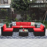 PHI VILLA 6-Piece Outdoor Sectional Sofa Rattan Patio Furniture Set Conversation Set with Tea Table, Red