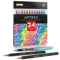 Arteza Real Brush Pens, 24 Colors for Watercolor Painting with Flexible Nylon Brush Tips, Paint Markers for Coloring, Calligraphy and Drawing with Water Brush for Artists and Beginner Painters